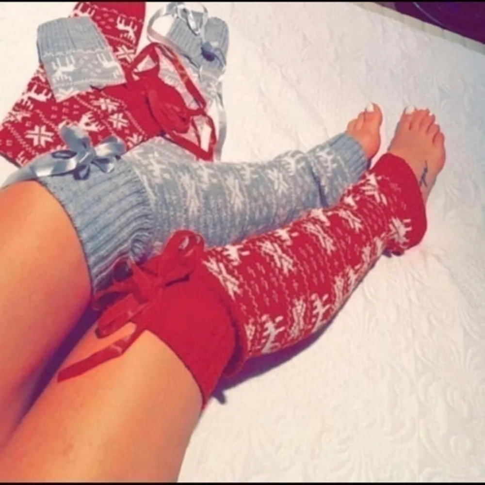 Gray Fair Isle Knit Over The Knee Leg Warmers Cozy Winter Lounge Socks NWT